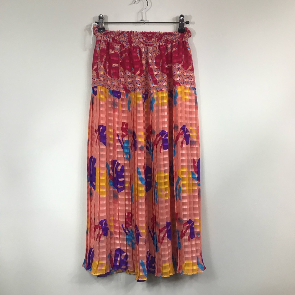 VINTAGE | Polyester Smocked Skirt Floral Leaf Print Neon Small